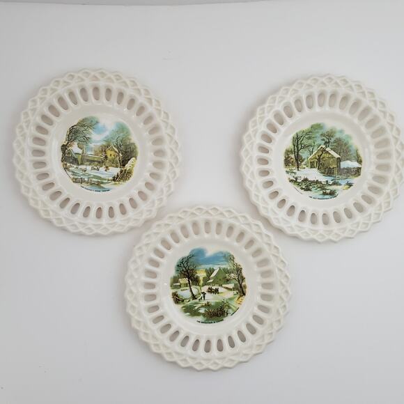 Vtg 3 pc Decorative Small Plates Winter Scenery Signed Florence Kellerman - Picture 1 of 8